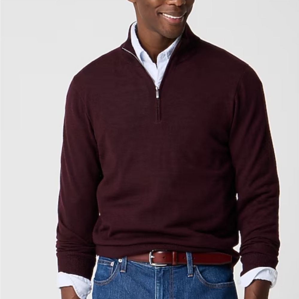 NWT J.Crew Sweater Mens XL 1/4 Zip Merino Wool Blend Pullover Rust Grape Red